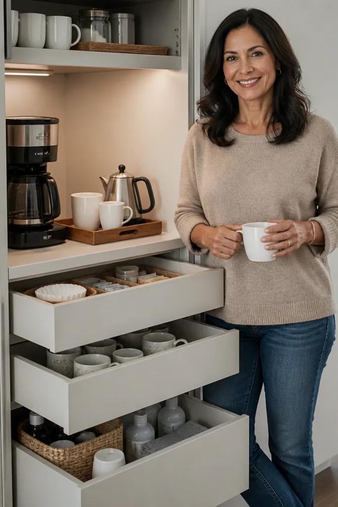 Small built-in drawer section with pull bins for coffee supplies and mugs on top