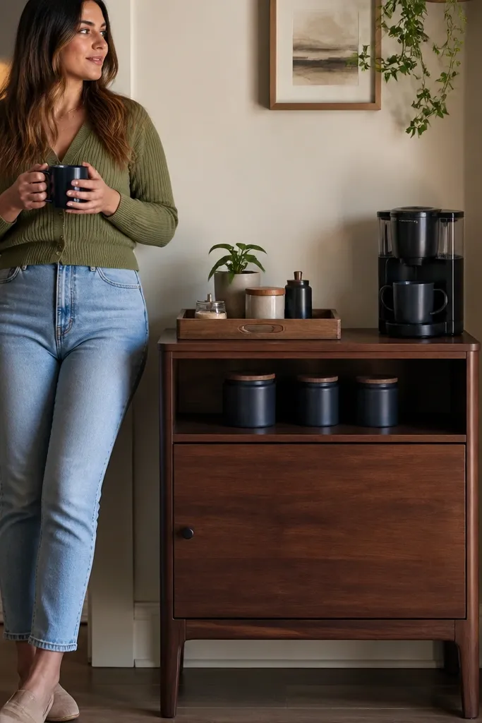 Compact sideboard with top tray, open shelf for jars, and door storage below