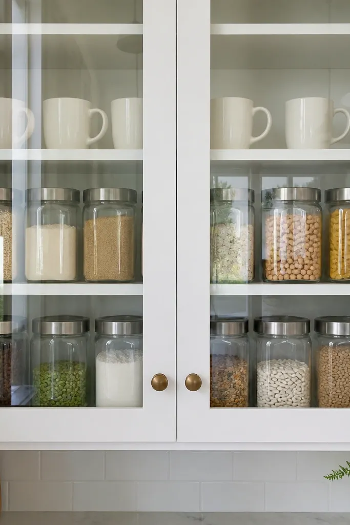 Small glass-front cabinet with uniform coffee canisters and a tidy mug arrangement