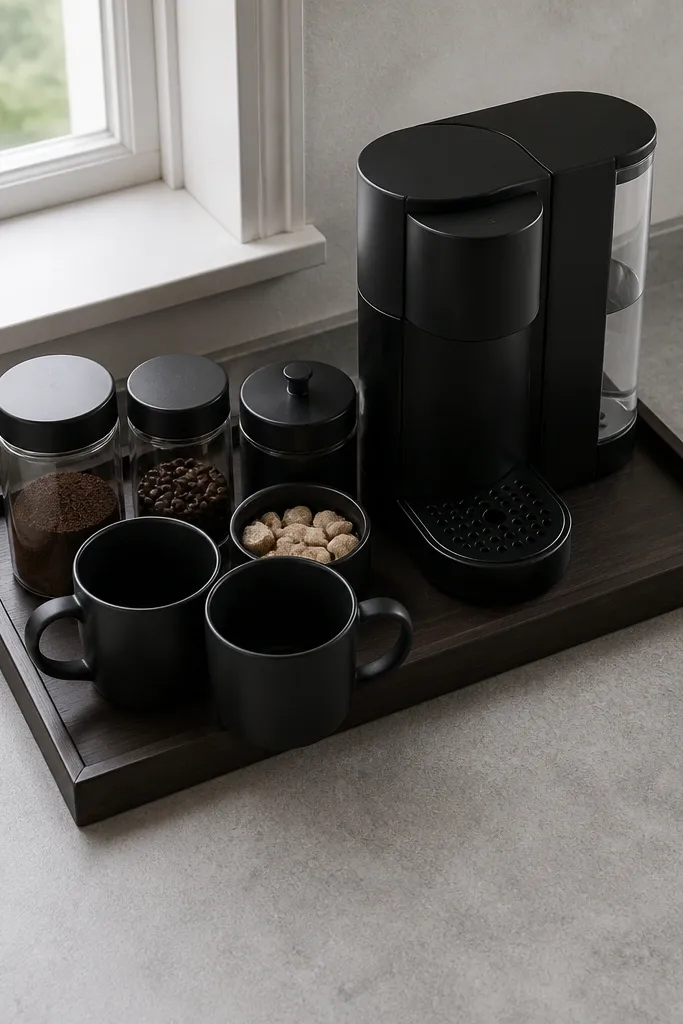 Coffee tools arranged on one large tray with jars and a compact brewer