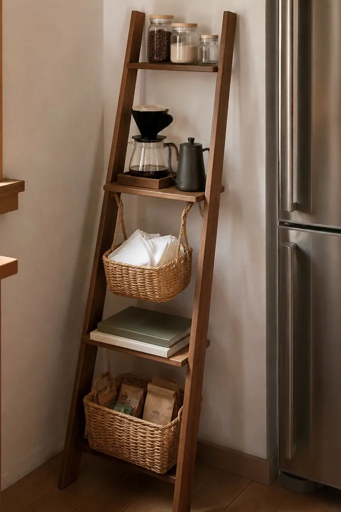 Small ladder shelf in the corner with baskets holding coffee supplies and mugs