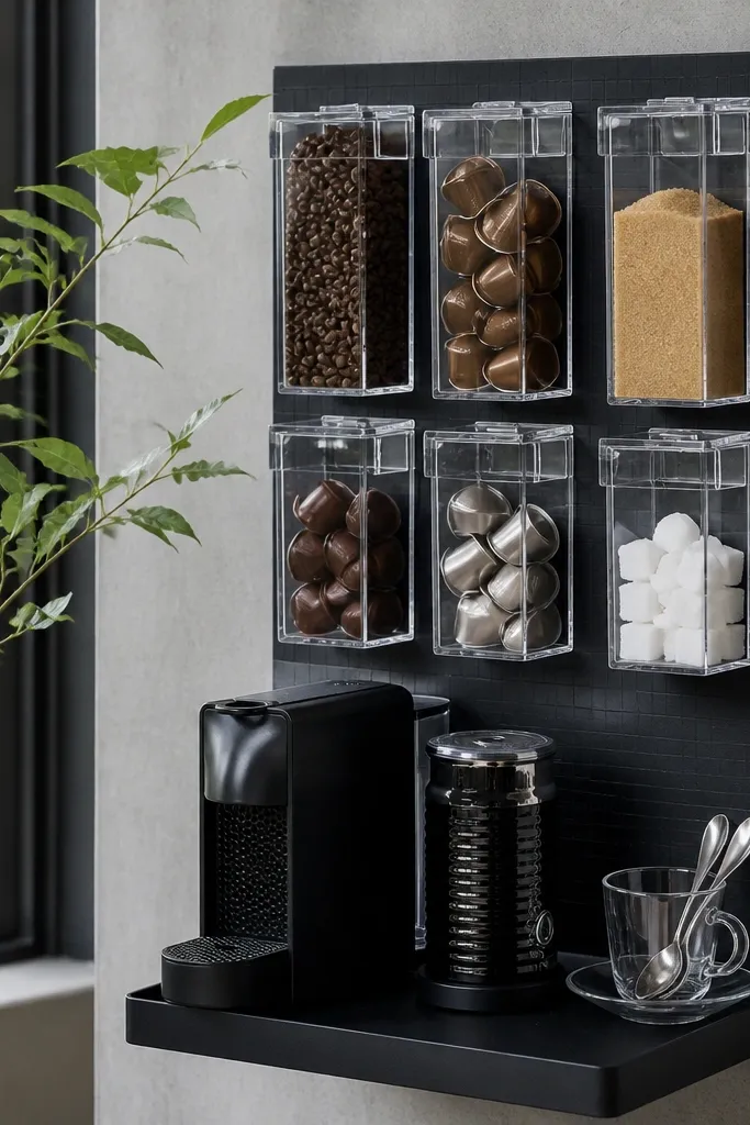 Magnetic wall panel with clear blocks holding coffee supplies and tools