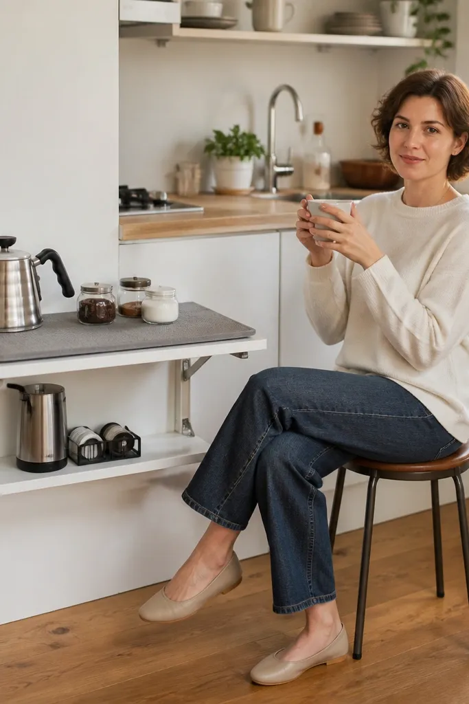 Small folding table setup with a hidden shelf for coffee tools and a tray