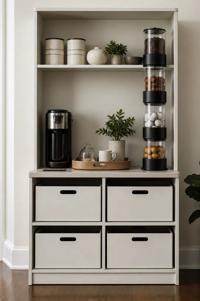 Narrow bookcase with tall canisters for coffee and a small brewer tray on top