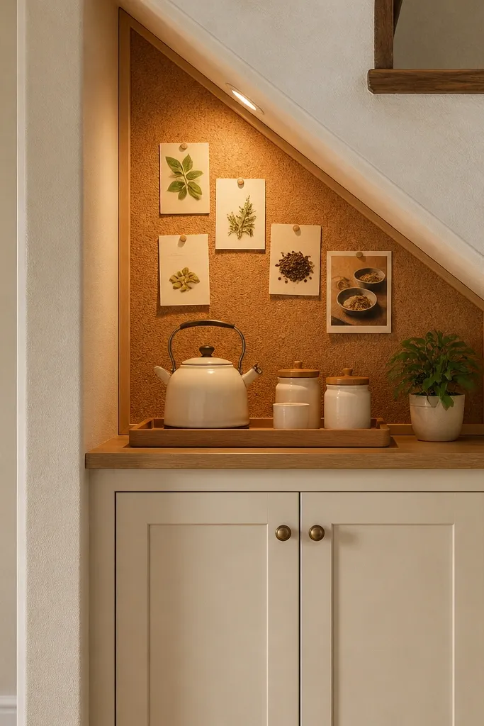 Small cabinet coffee station with corkboard backing behind jars and hooks