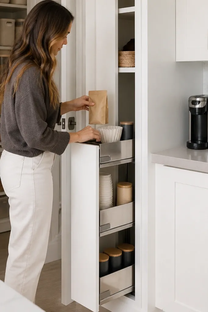 Side shelf in pantry with slide-out bins for coffee supplies and a small brewer landing