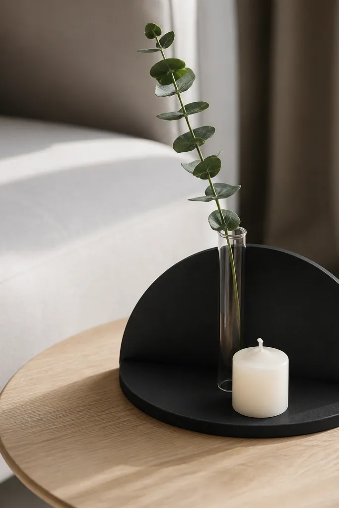 Small coffee table with a half-moon tray, a tall vase, and two small ceramic pieces