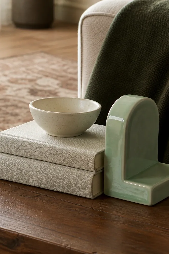 Coffee table with stacked books, a painted bookend, and a small bowl