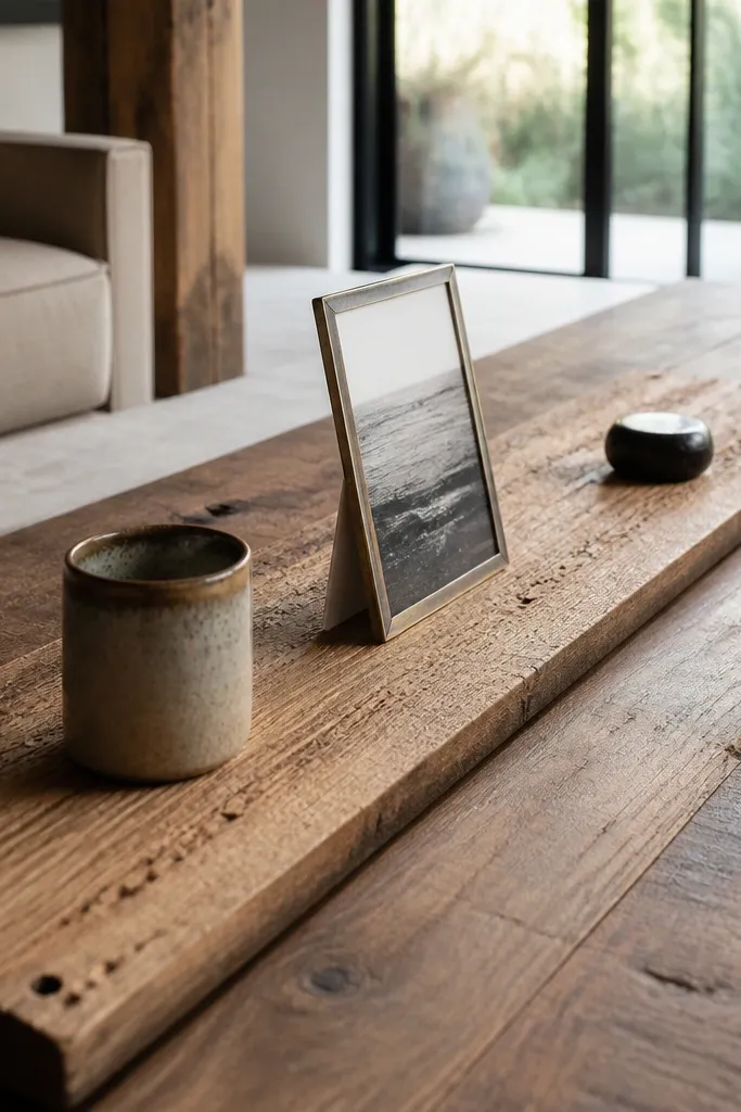 Coffee table with a narrow reclaimed wood shelf holding one vase and one small object