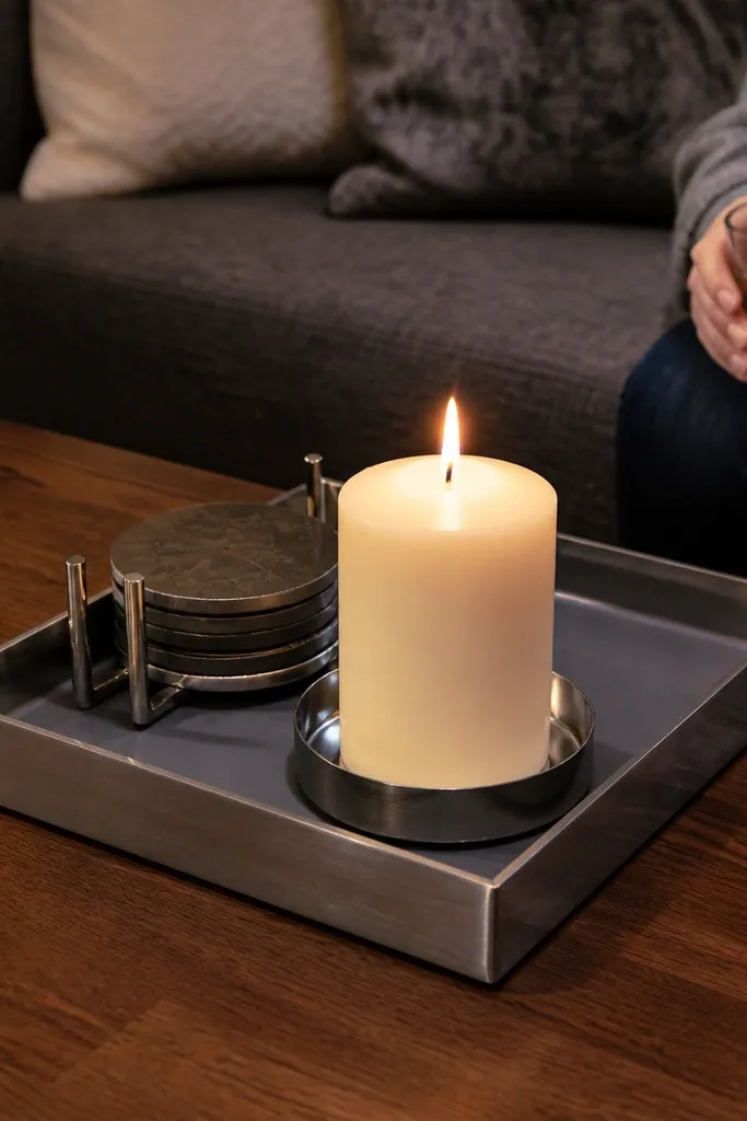 Coffee table with a candle tray and a heat-safe liner under a candle