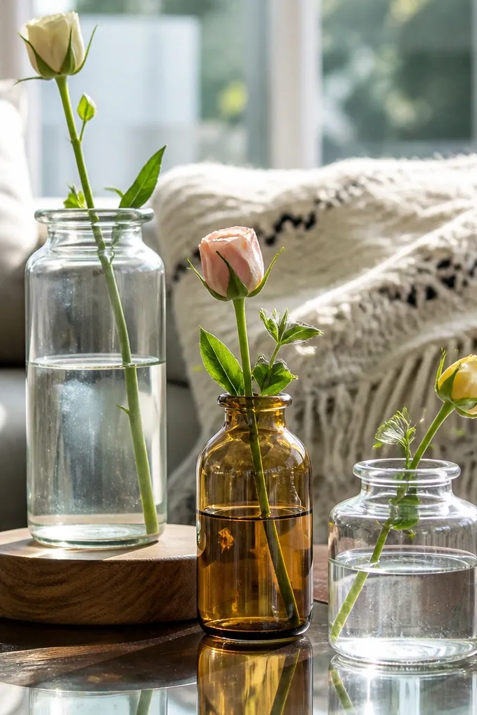 Three small glass jars arranged on a coffee table with stems