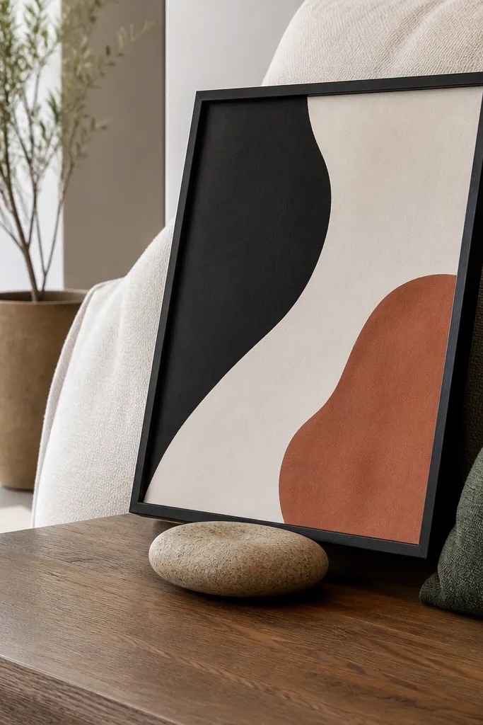 Coffee table with a small frame leaning against a book and a single print