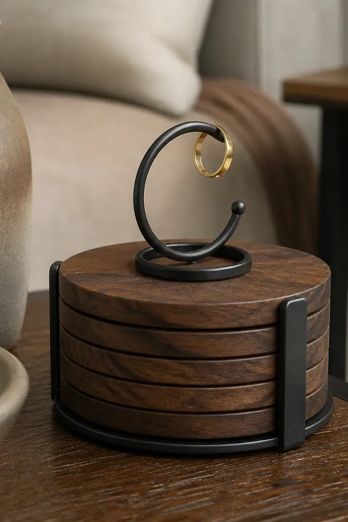 Coffee table with a stack of coasters and a sculptural ring holder