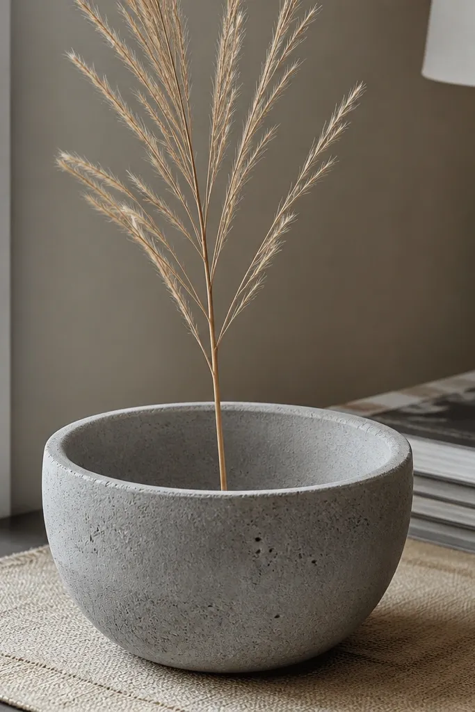 Coffee table with a concrete-look bowl planter and one tall grass stem