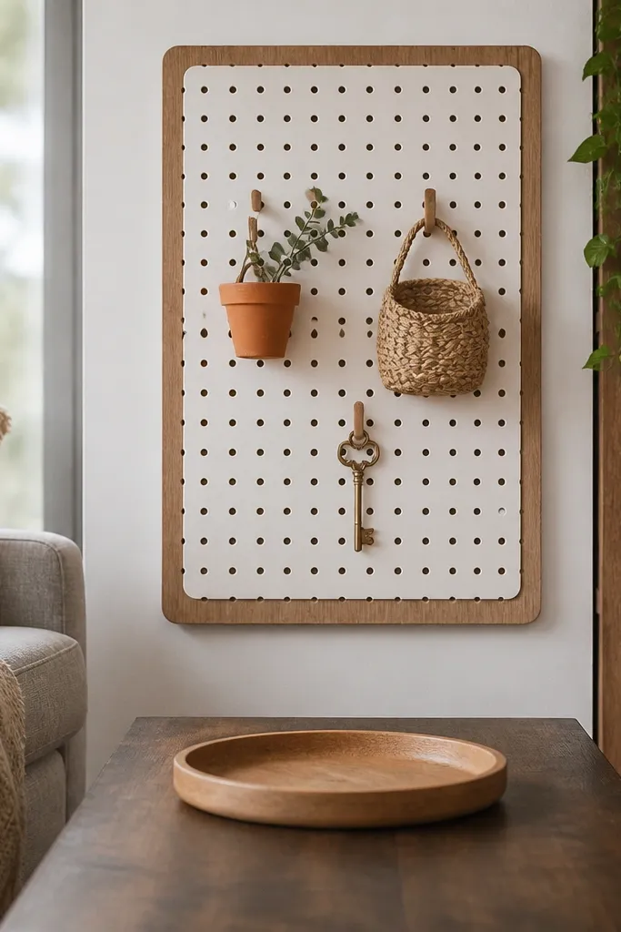 Small pegboard cutout on coffee table with tiny hooks holding decor