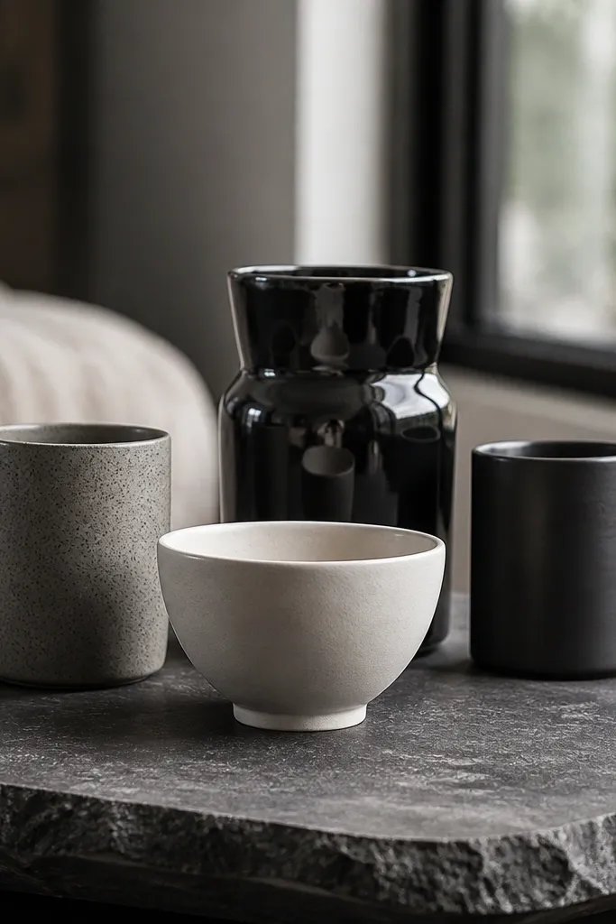 Coffee table with a monochrome stack of ceramic pieces and one accent object