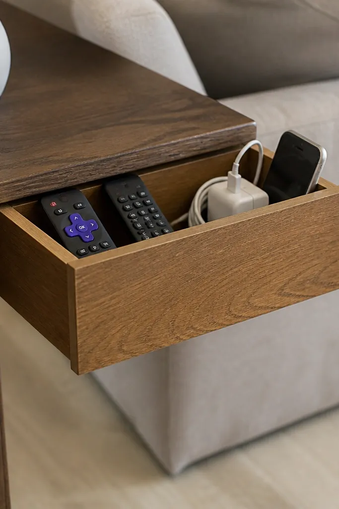 Coffee table with a small shelf box at the edge holding remotes