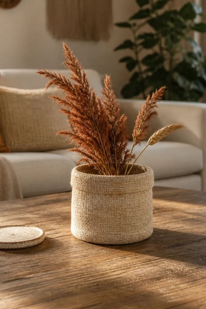 Coffee table with a small linen-wrapped basket holding a single dried stem