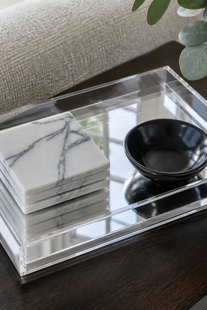 Coffee table with a mirrored tray and coaster set in light marble tones