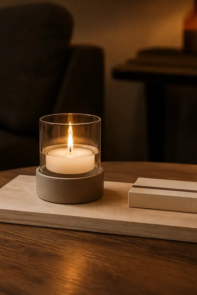 Coffee table with a narrow wood board holding a candle and matchbook