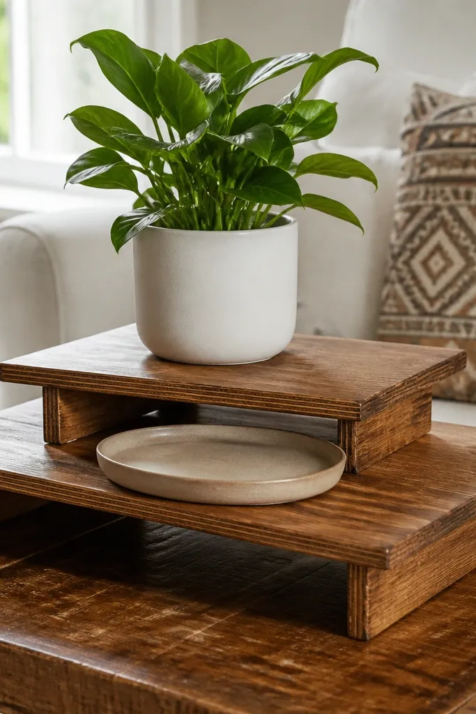 Coffee table with a small tiered wood riser holding one plant