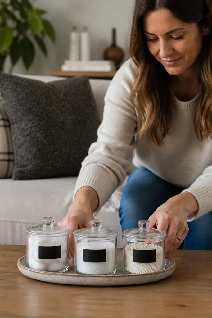 Coffee table with a tray and small labeled containers