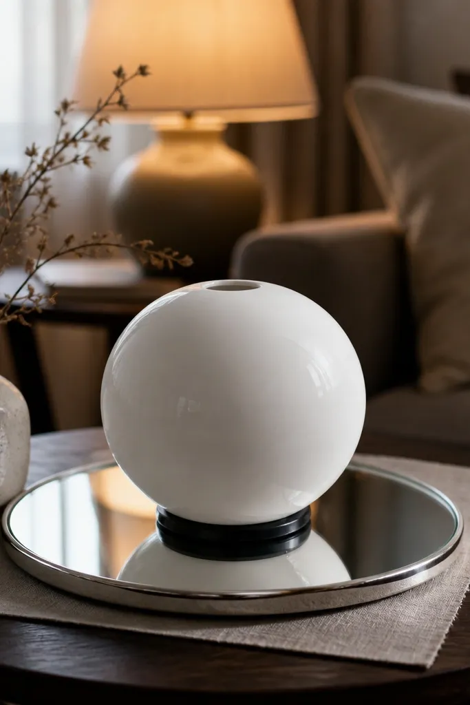 Coffee table with a round mirror underlay and one sculptural decor piece