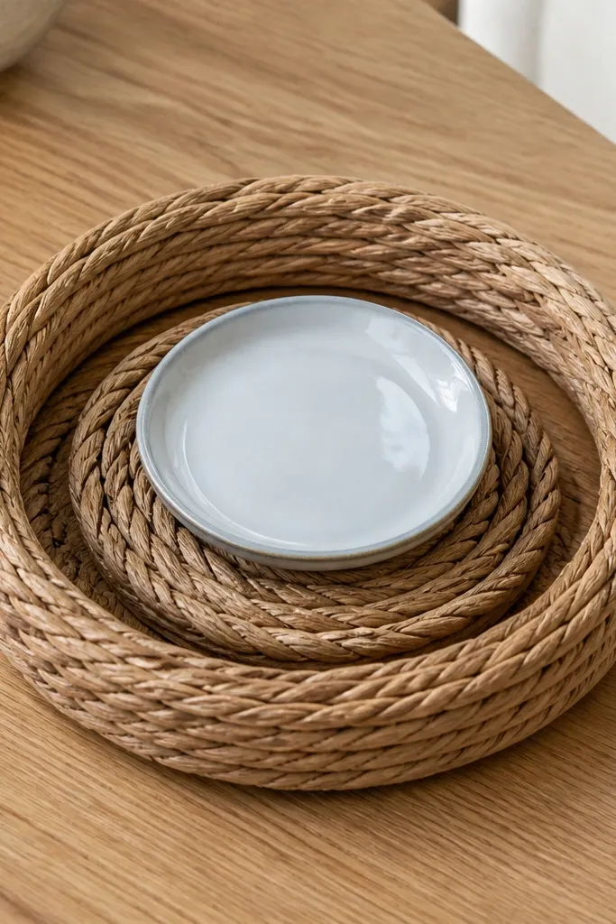 Coffee table with a seagrass ring and a small ceramic dish centered