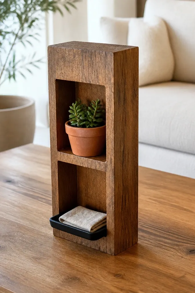 Coffee table with a vertical wood block and mini shelf holding a small plant