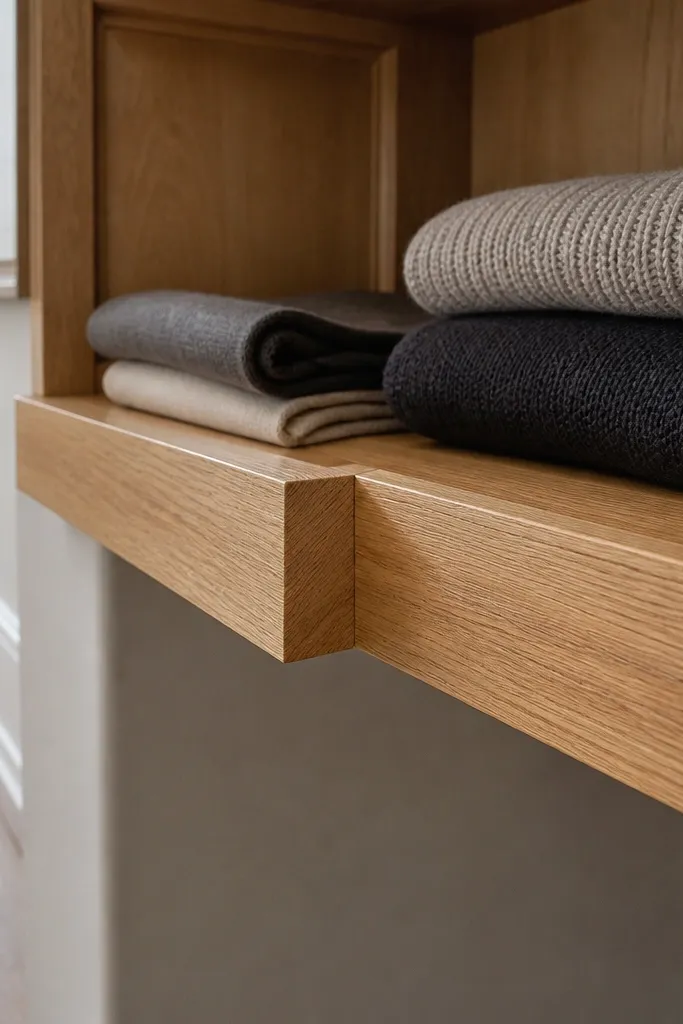 Light oak L-shaped shelves with a simple face frame in a closet corner