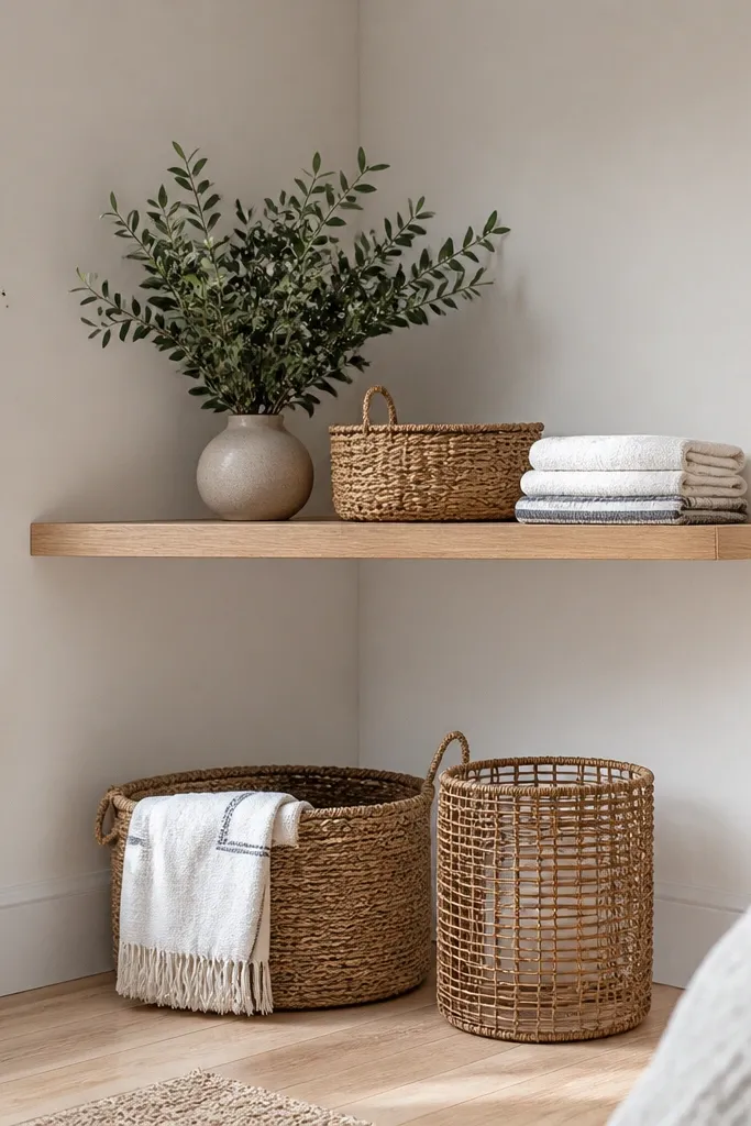 Small floating shelf in a closet corner with no visible brackets