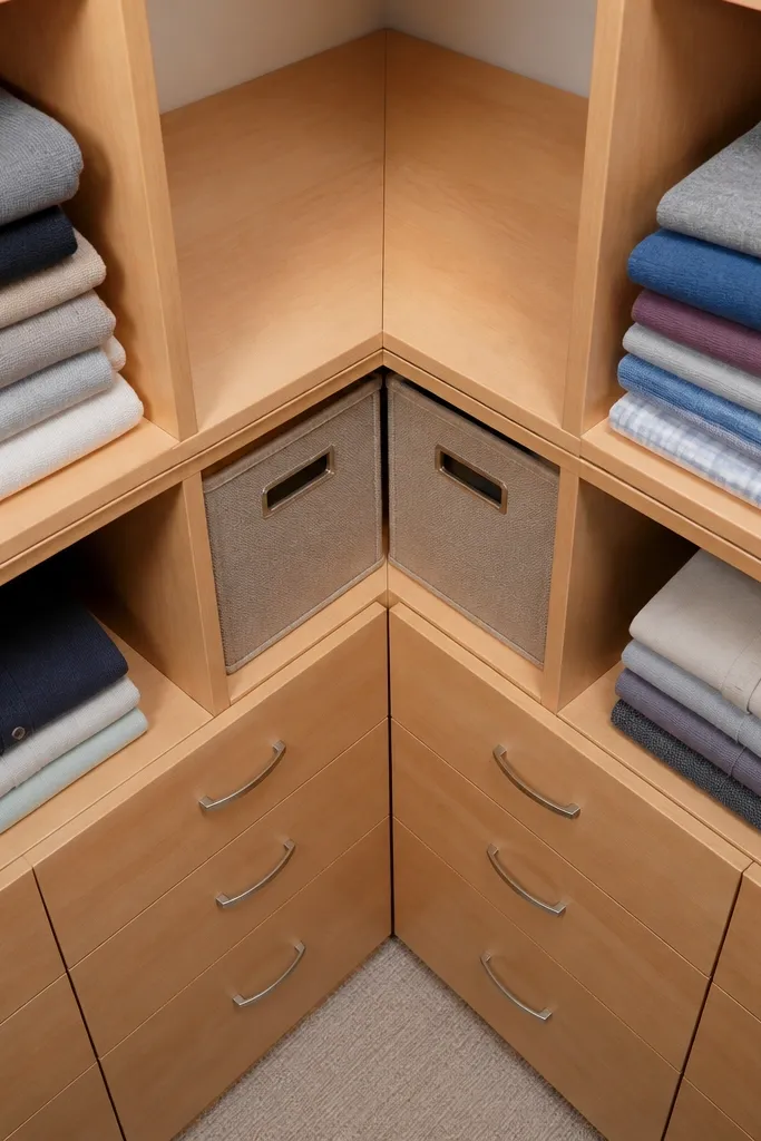 Two shelves meeting with an angled cap in a closet corner