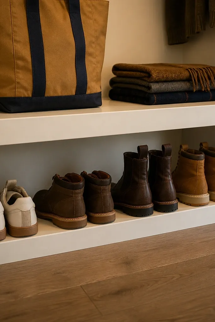 Corner shelf with a low front ledge for shoes and boots