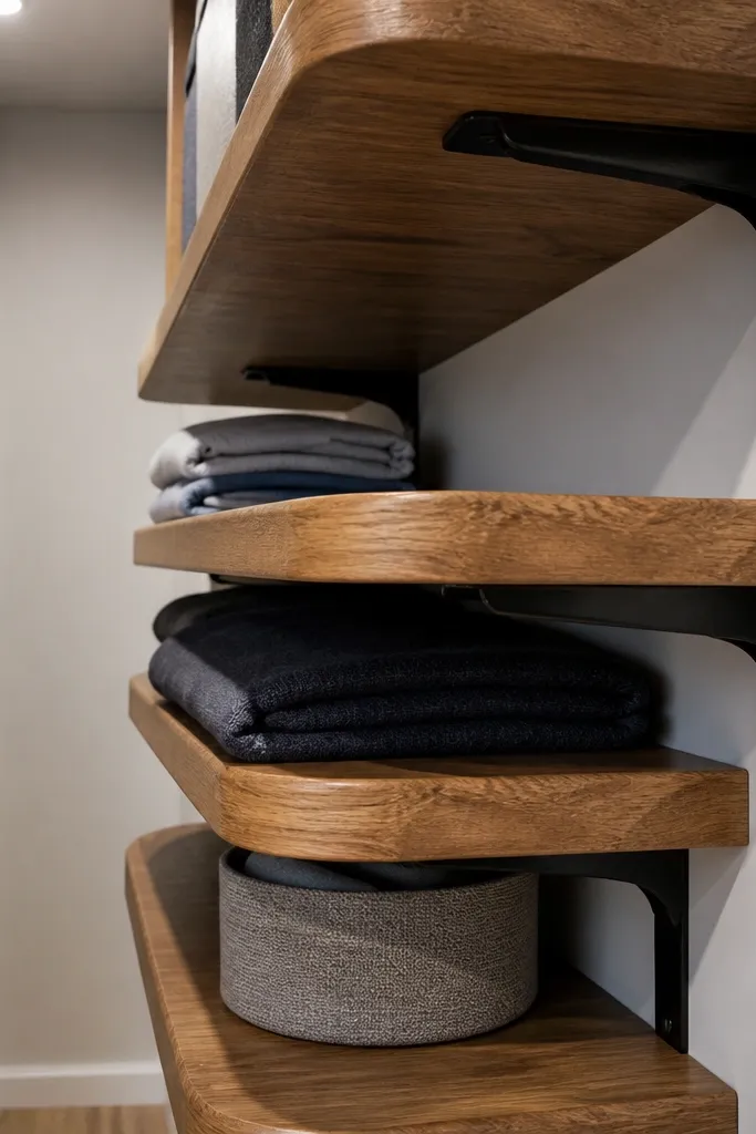Natural wood shelves with rounded edges and matte black brackets in a closet corner