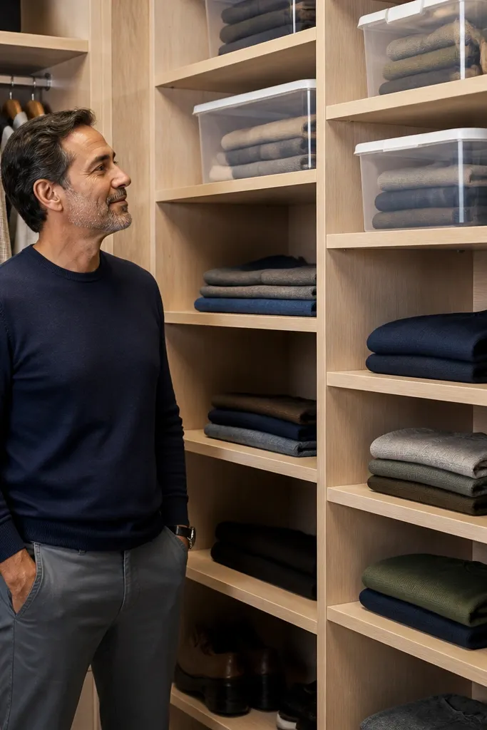 Corner shelves with alternating heights for bins and folded clothes