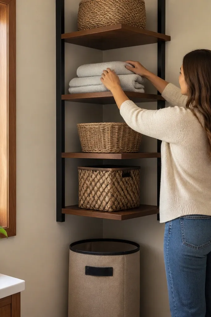 Wood corner ladder shelves with two vertical rails