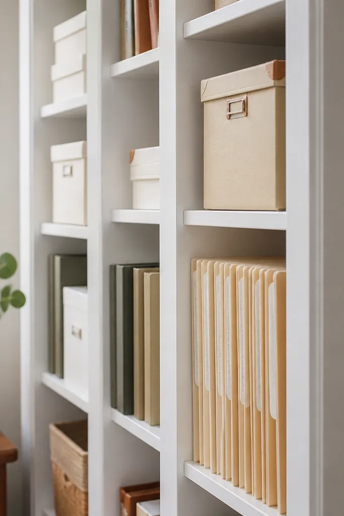 Narrow corner shelves with thin vertical dividers for folders and small items