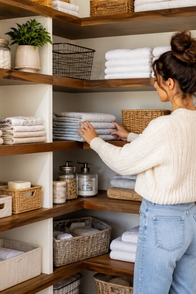 Two-tone corner shelves with darker shelf boards and lighter frame