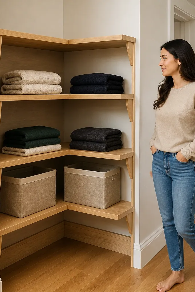 Ready-made shelf panels installed in a corner closet with clean brackets