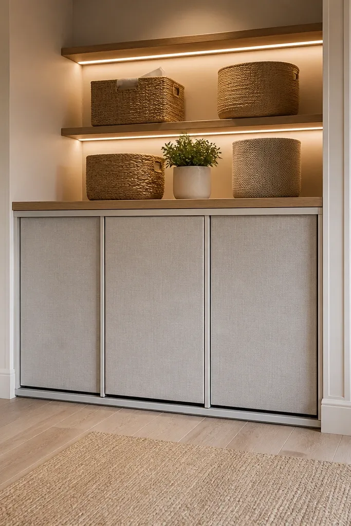 Corner shelf nook with sliding fabric or wood bin doors