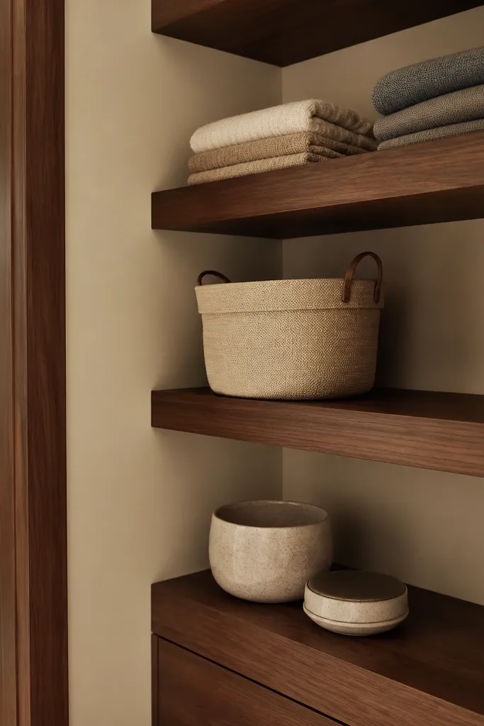 Walnut-toned floating corner shelves with matching hardware