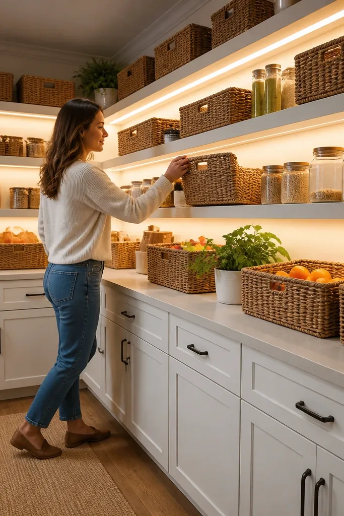 Corner shelves with a warm light strip under the top shelf