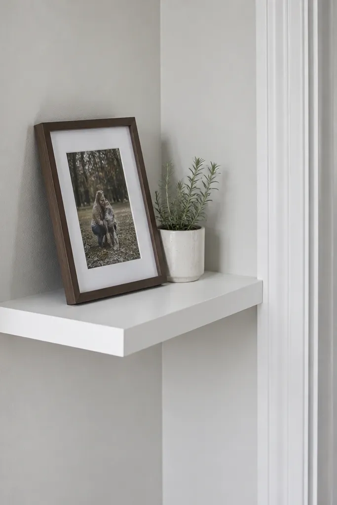 Matte white corner shelf with a crisp mitered edge and small framed photos