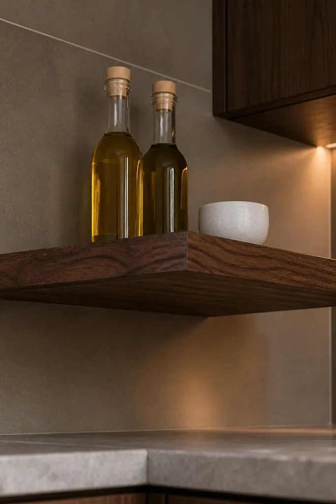 Warm walnut corner shelf held by slim black steel pins with minimalist decor