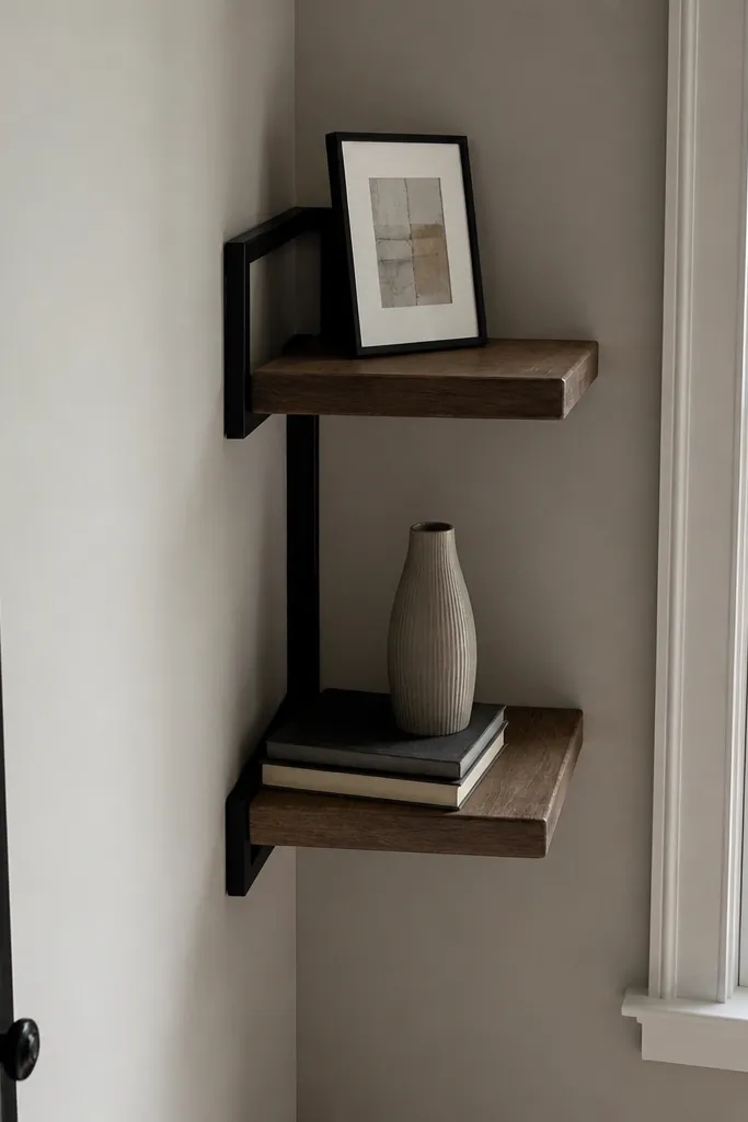 Two floating shelves in a corner with an L-shaped hidden brace