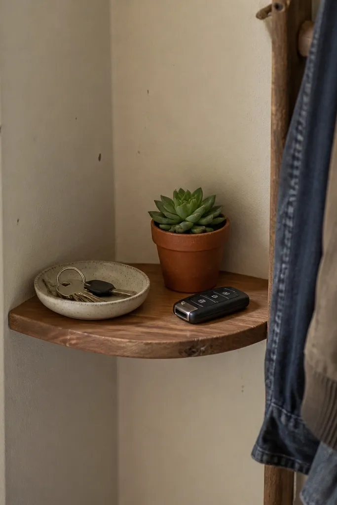 Very slim corner floating ledge with a small dish and keys