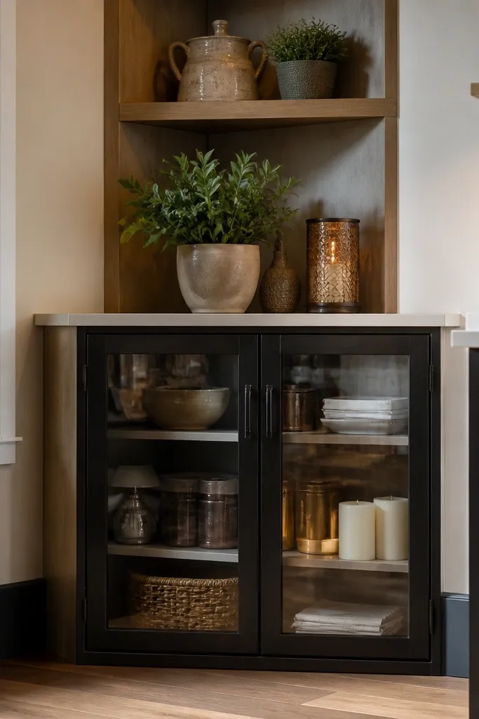 Corner shelf with open top and a small glass-front cabinet below
