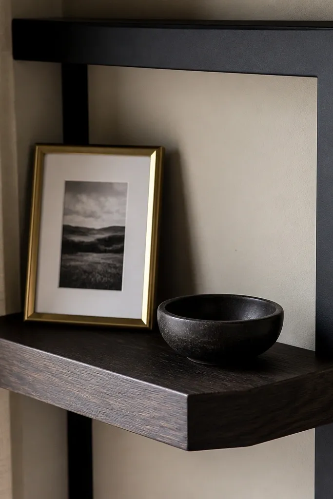 Dark oak corner shelf with a visible bridge bracket line behind items