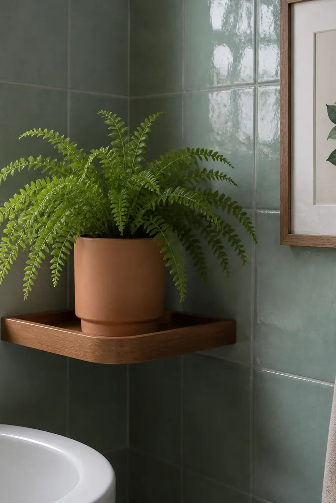 Corner shelf with a shallow tray frame around the top for potted plants