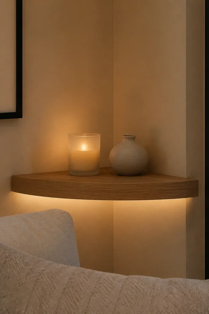 Corner floating shelf with a small gap between shelf and wall creating a shadow line